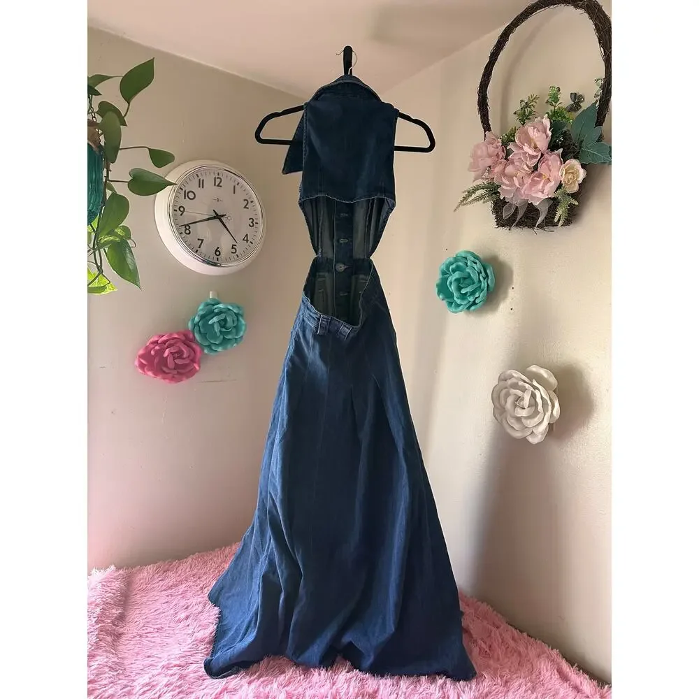 Dark Blue Denim Midi Dress with Statement Collar - Picture 2 of 5